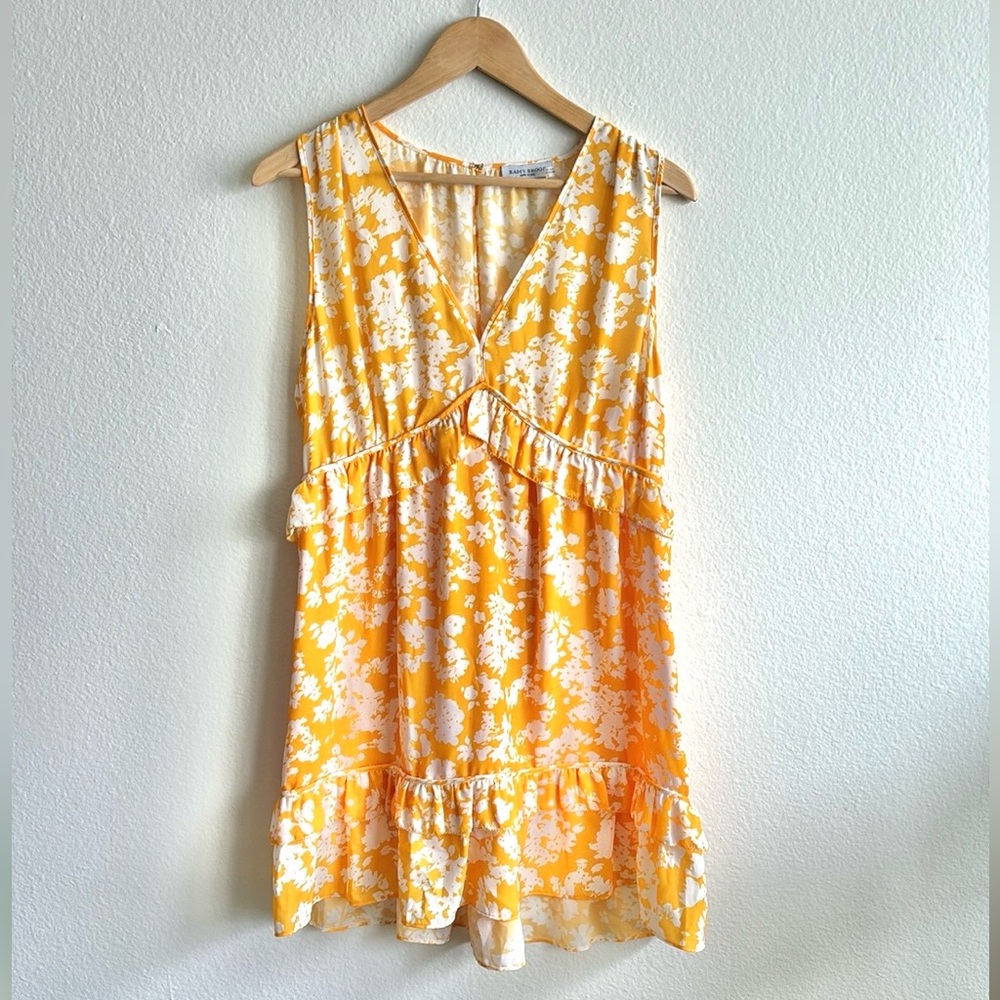 Ramy Brook ‘Merida’ Yellow Floral Shift Dress Ruffle Trim Size 8